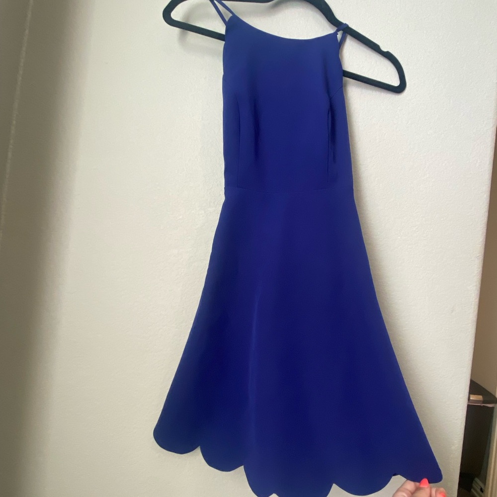 Navy blue fit and flare open back high neck Lulu’s dress - size XS
